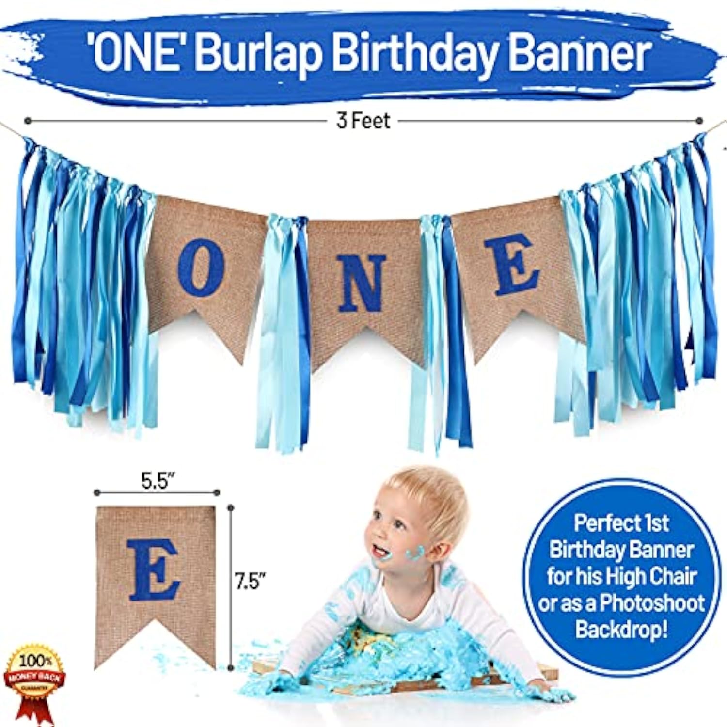 Baby Boy 1St Birthday Decorations With Birthday Crown - First Birthday Boy Decorations - Cake Smash Party Supplies - Happy Birthday And Highchair One Burlap Banner, Number One Balloon, Cake Topper.