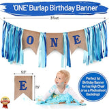 Baby Boy 1St Birthday Decorations With Birthday Crown - First Birthday Boy Decorations - Cake Smash Party Supplies - Happy Birthday And Highchair One Burlap Banner, Number One Balloon, Cake Topper.
