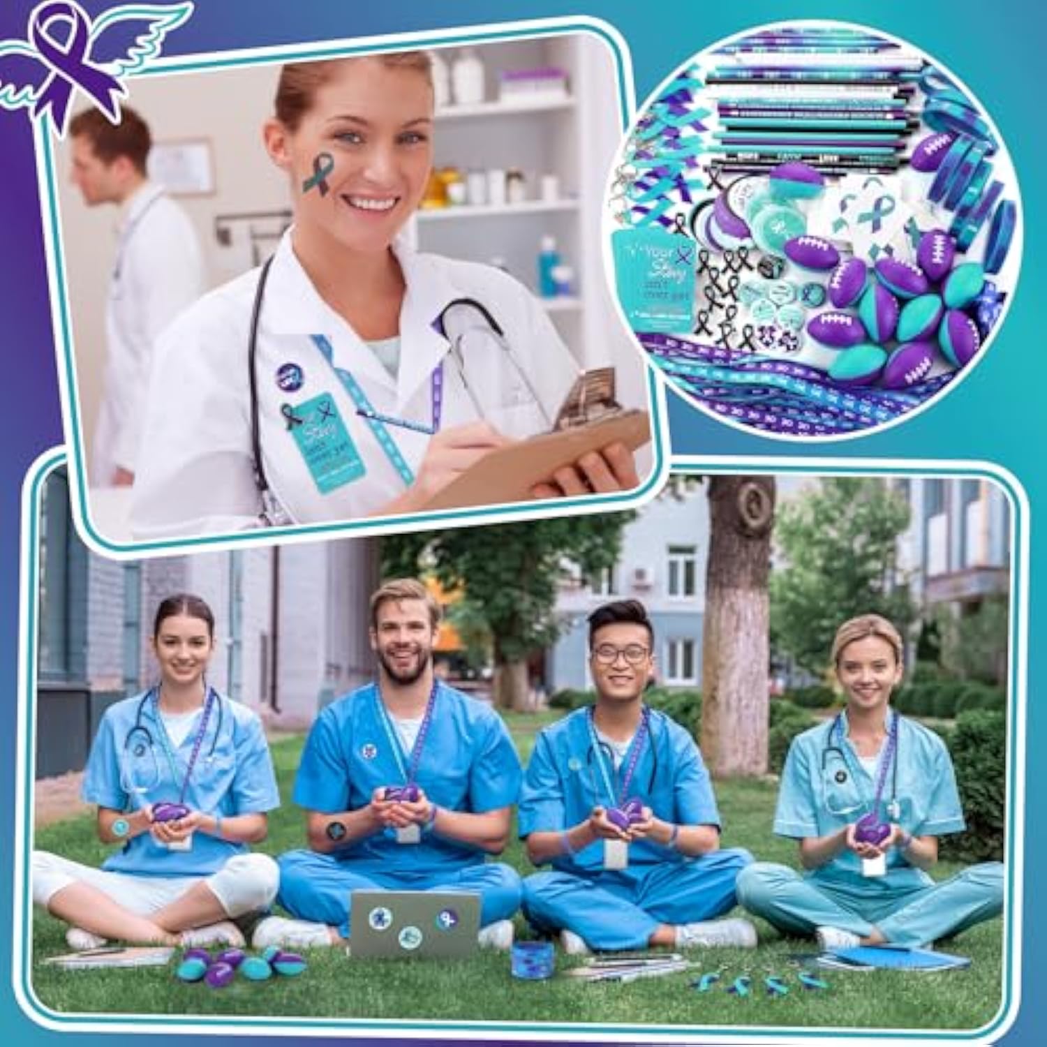 400 Pcs/40 Sets Suicide Prevention Awareness Teal Purple Ribbon Supply Include Wristband Bracelets Keychain Pencil Cutout Lanyard Button Pin Rugby Sticker For Charity Fundraise Party Favor