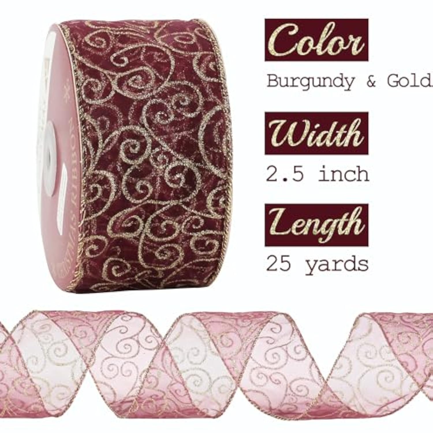 Red Gold Swirl Wired Ribbon 2.5 Inch Dark Red Sheer Ribbon With Gold Swirl Glitter Wired Ribbon Organza Sheer Ribbon 25 Yards Burgundy Sheer Christmas Ribbon For Christmas Tree, Wreath Bow