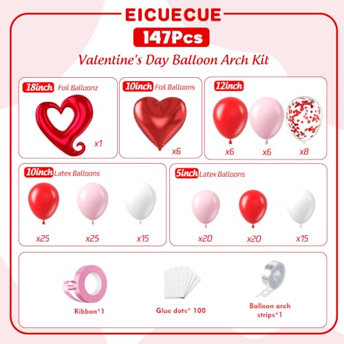 Valentines Day Balloons Garland Arch Kit - 147Pcs Different Size Red Pink White and Confetti Balloons with Heart Foil Balloon for Valentine's Day Galentine's Day Anniversary Party Decorations