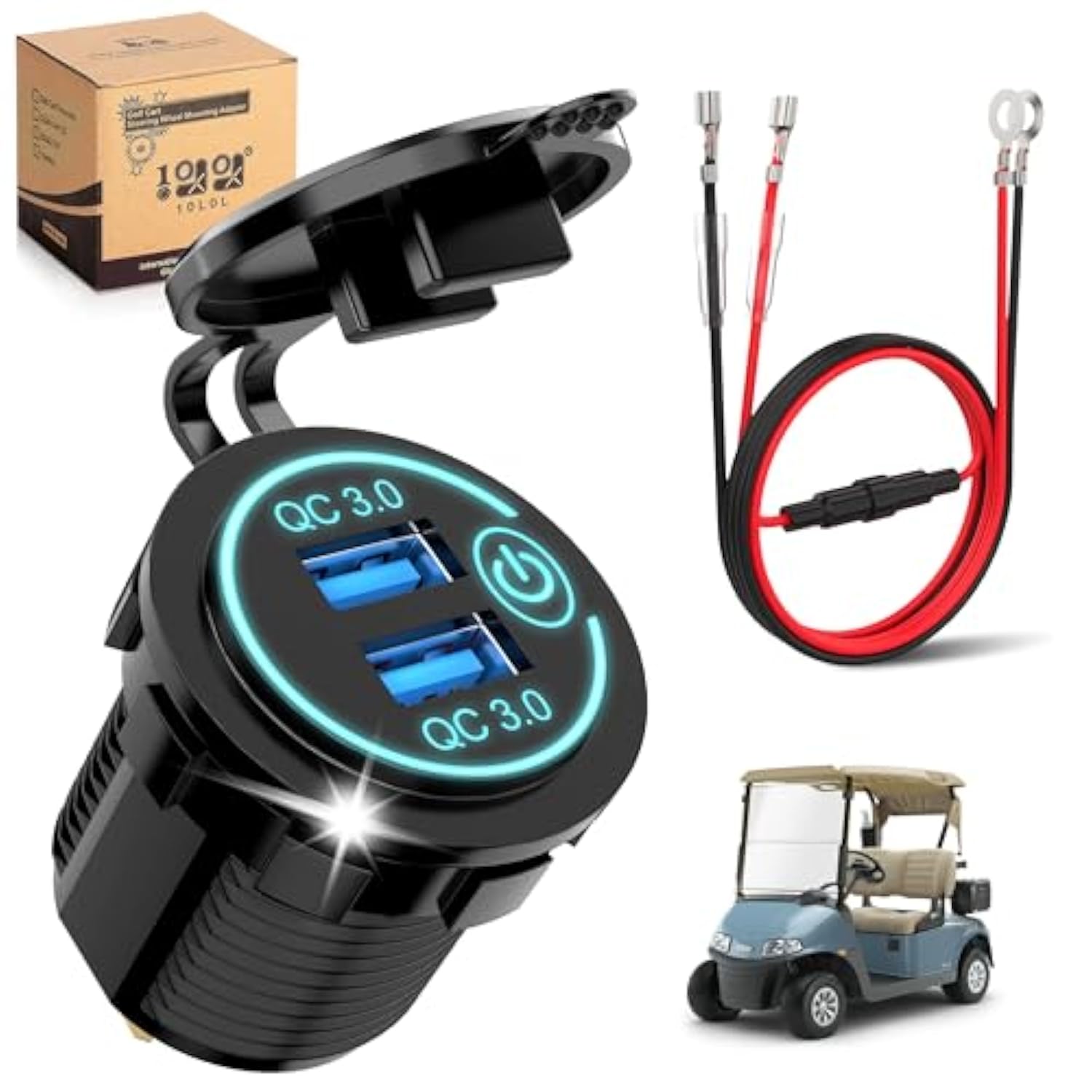 10L0L Golf Cart Quick Charge QC 3.0 Dual USB Charger Socket, 12V-24V USB Outlet for Yamaha EZGO Club Car, 12V Input Double USBs Ports with DIY Cars Port Outlet for Car Boat RV Motorcycle Truck