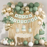 Sage Green Birthday Decorations With Balloons, Banner, Fringe Curtains, Confetti Balloons, Glue Dots, Ribbon, Decorative Strips For Women'S Birthday Parties