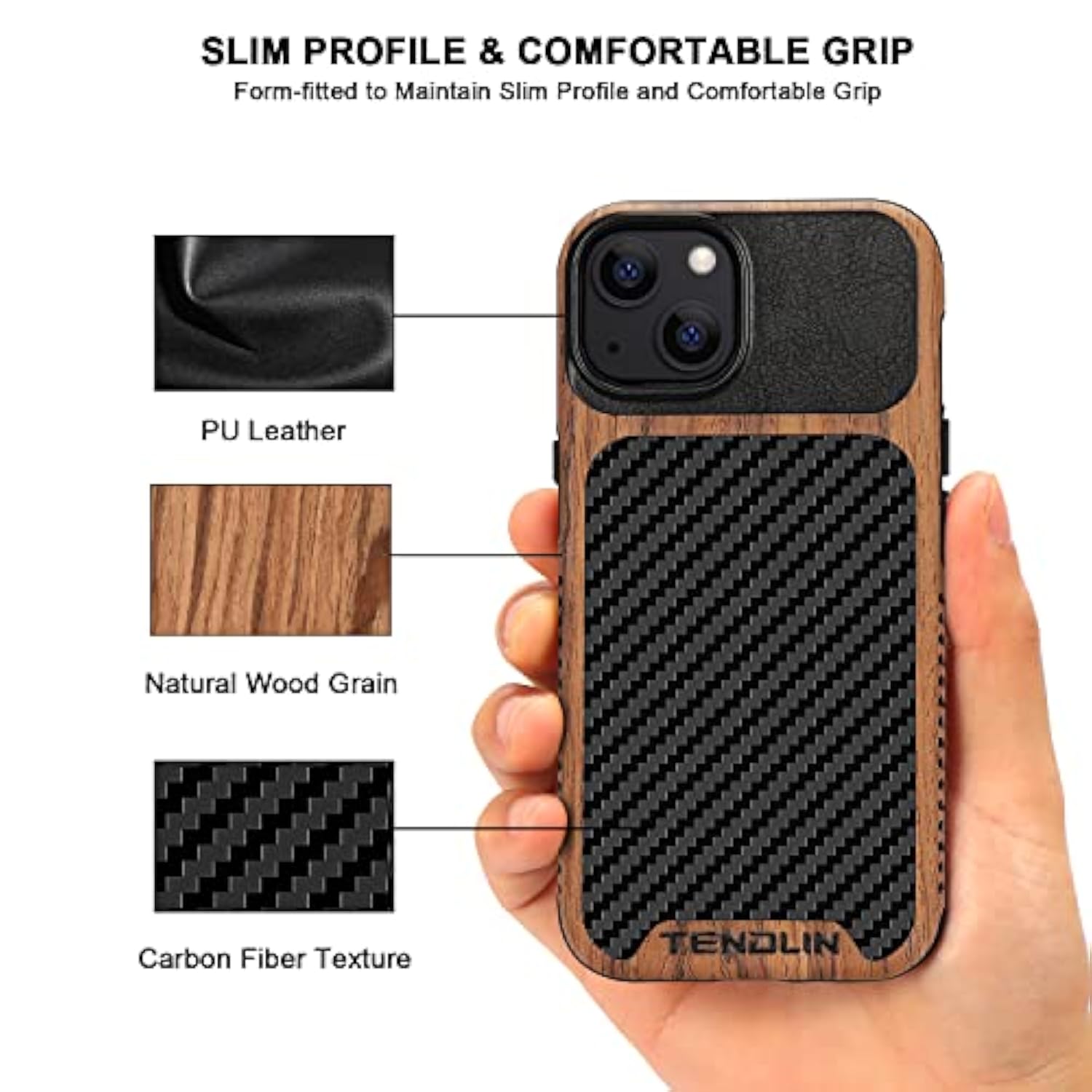 Compatible With Iphone 13 Case Wood Grain With Carbon Fiber Texture Design Leather Hybrid Case Compatible For Iphone 13 6.1-Inch Released In 2021 Black