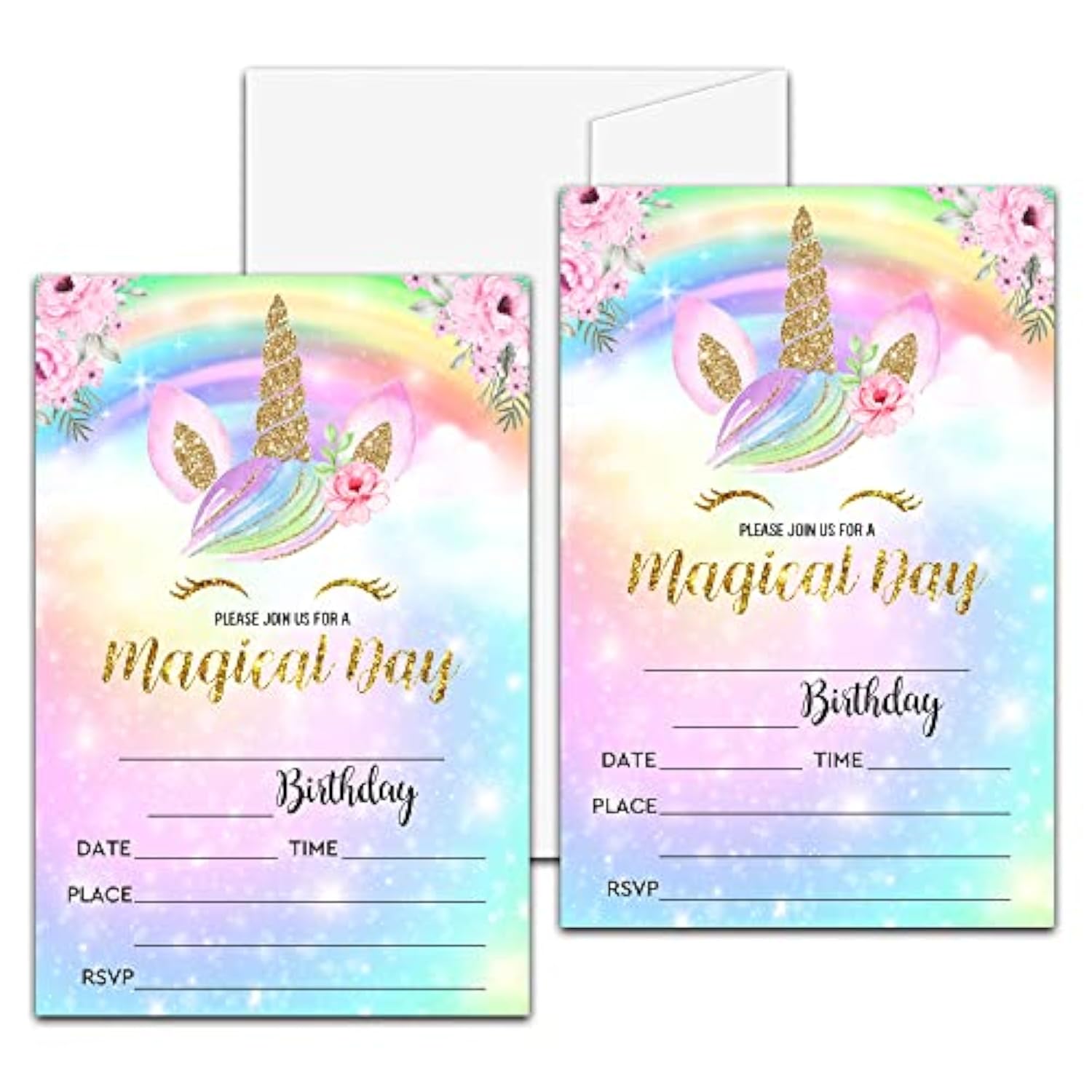 Unicorn Birthday Party Invitation, Magical Unicorn Themed Fill-In Invites For Friends, 20 Invitations With Envelopes (4" X 6"), Rainbow Party Favors Decorations And Supplies -29