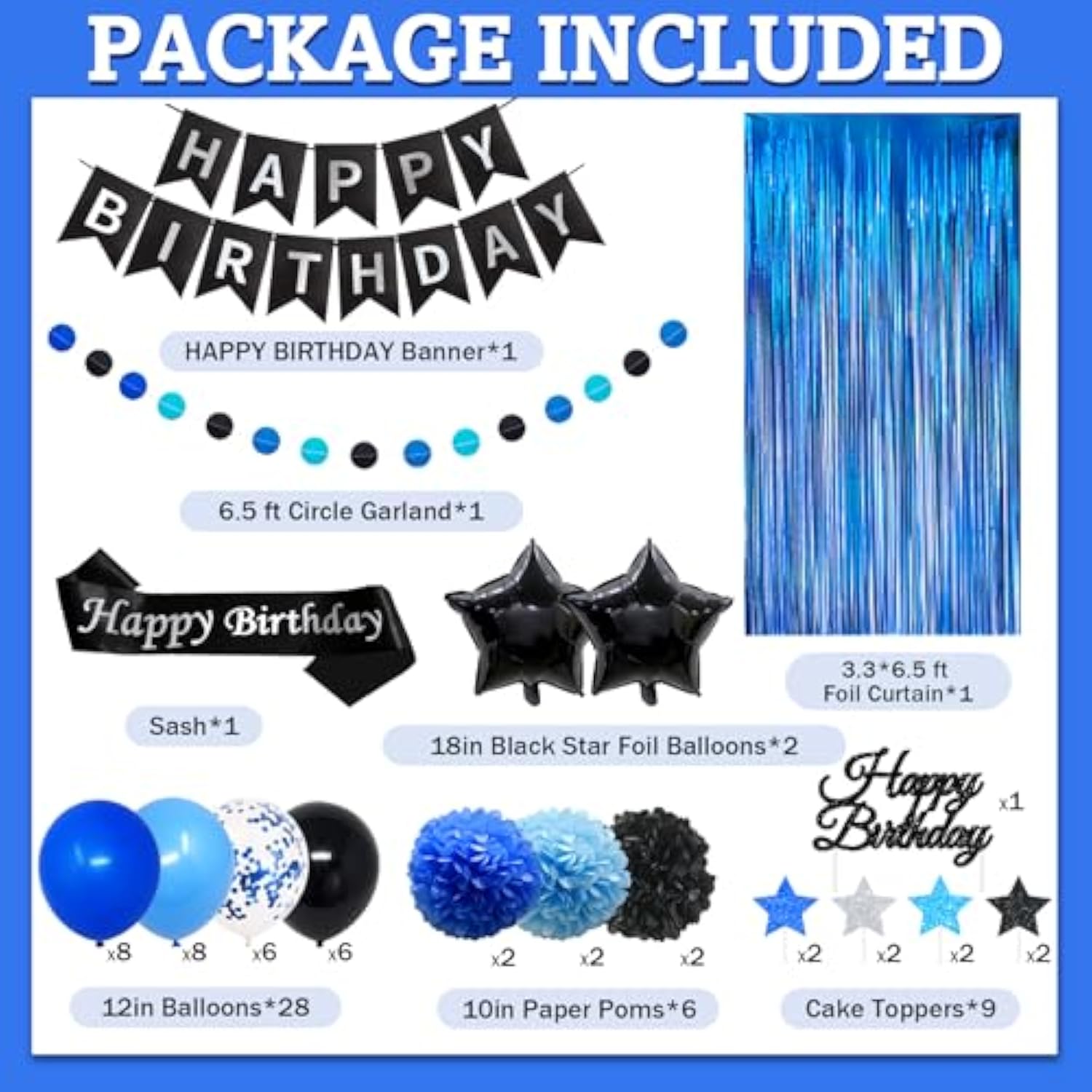 Blue And Black Birthday Decorations, 50Pcs Happy Birthday Decorations For Men With Banner Balloons Sash Foil Fringe Curtain Paper Pompoms, Blue Party Decoration Party Supplies For Boys Kids