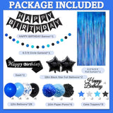 Blue And Black Birthday Decorations, 50Pcs Happy Birthday Decorations For Men With Banner Balloons Sash Foil Fringe Curtain Paper Pompoms, Blue Party Decoration Party Supplies For Boys Kids