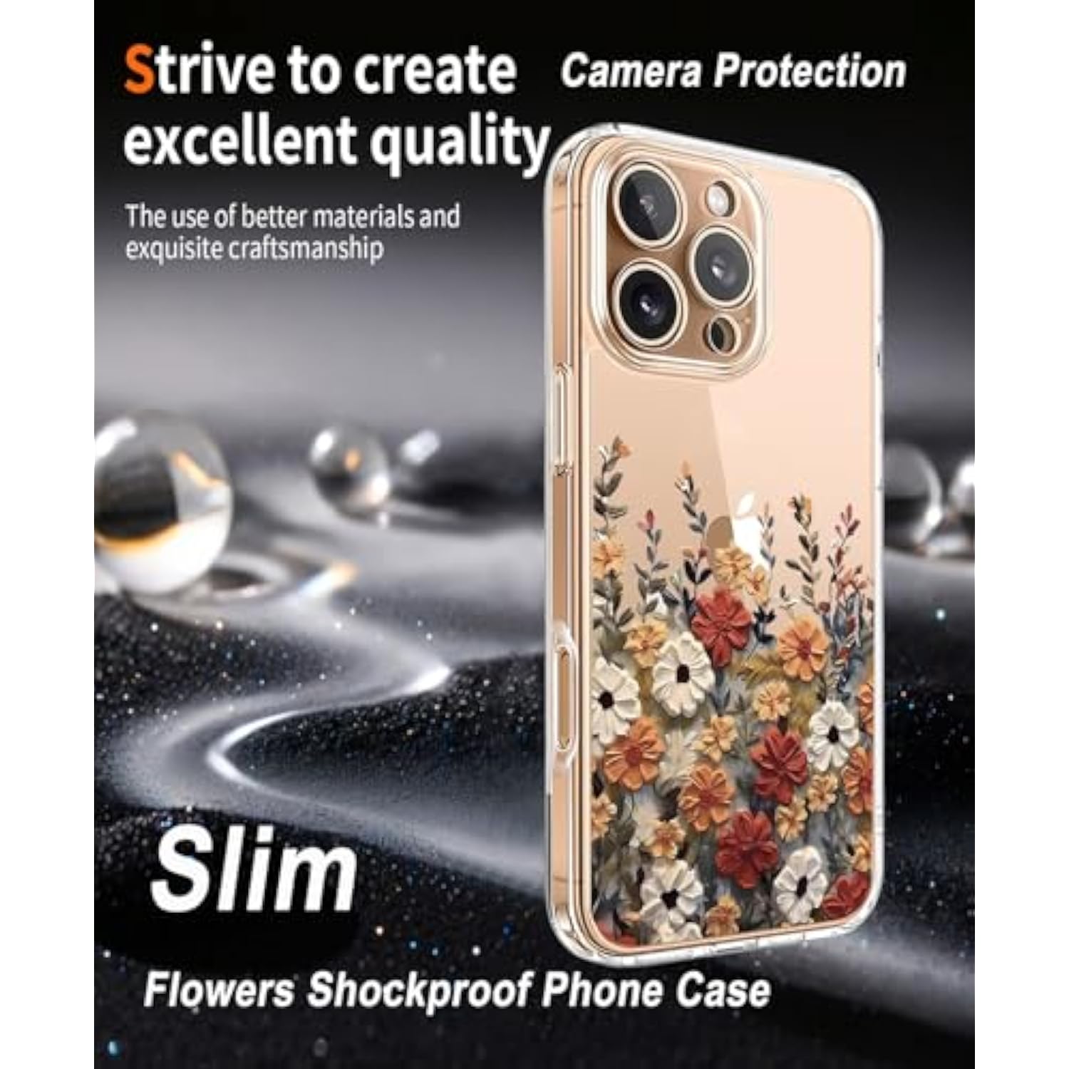 For Iphone 16 Pro Case Clear Flowers, For 16 Pro Case Floral With Screen Protector [Camera Protection] Slim Shockproof Phone Case For Iphone 16Pro For Women Girl'S - Flower Design