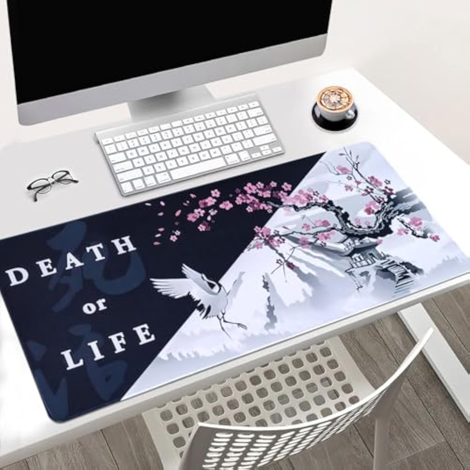 Japanese Style Gaming Mouse Pad, Death Or Life Design, Large Extended Desk Mat, 31.5 X 15.7 Inches, Non-Slip Base