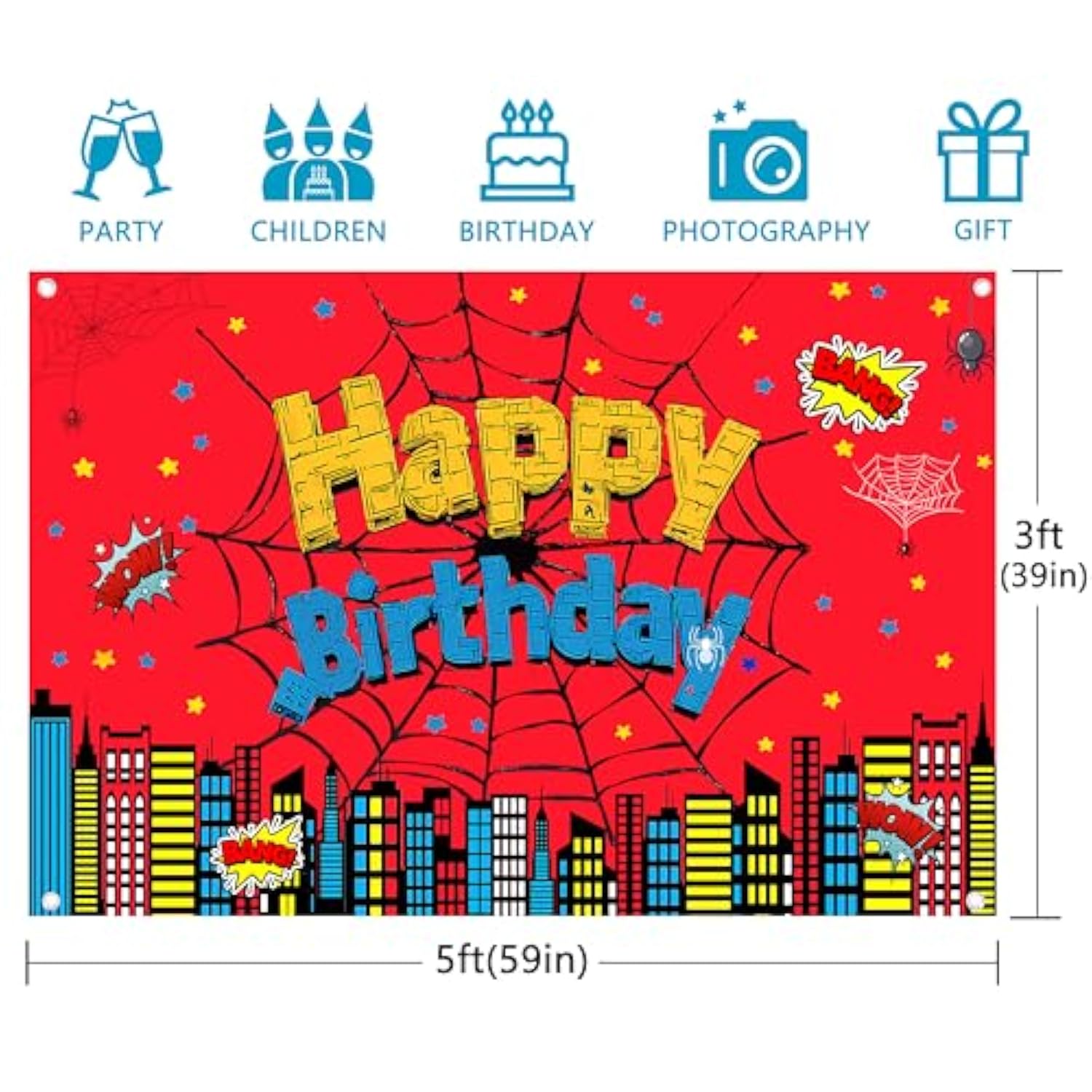 Red spider web 5x3ft backdrop for superhero or city-themed birthday and party photos