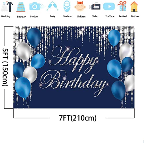 Navy Bluey and Silver Happy Birthday Backdrop Banner Sign for Favor Men Women Retirement Photography Background Party Decorations Supplies 7x5ft