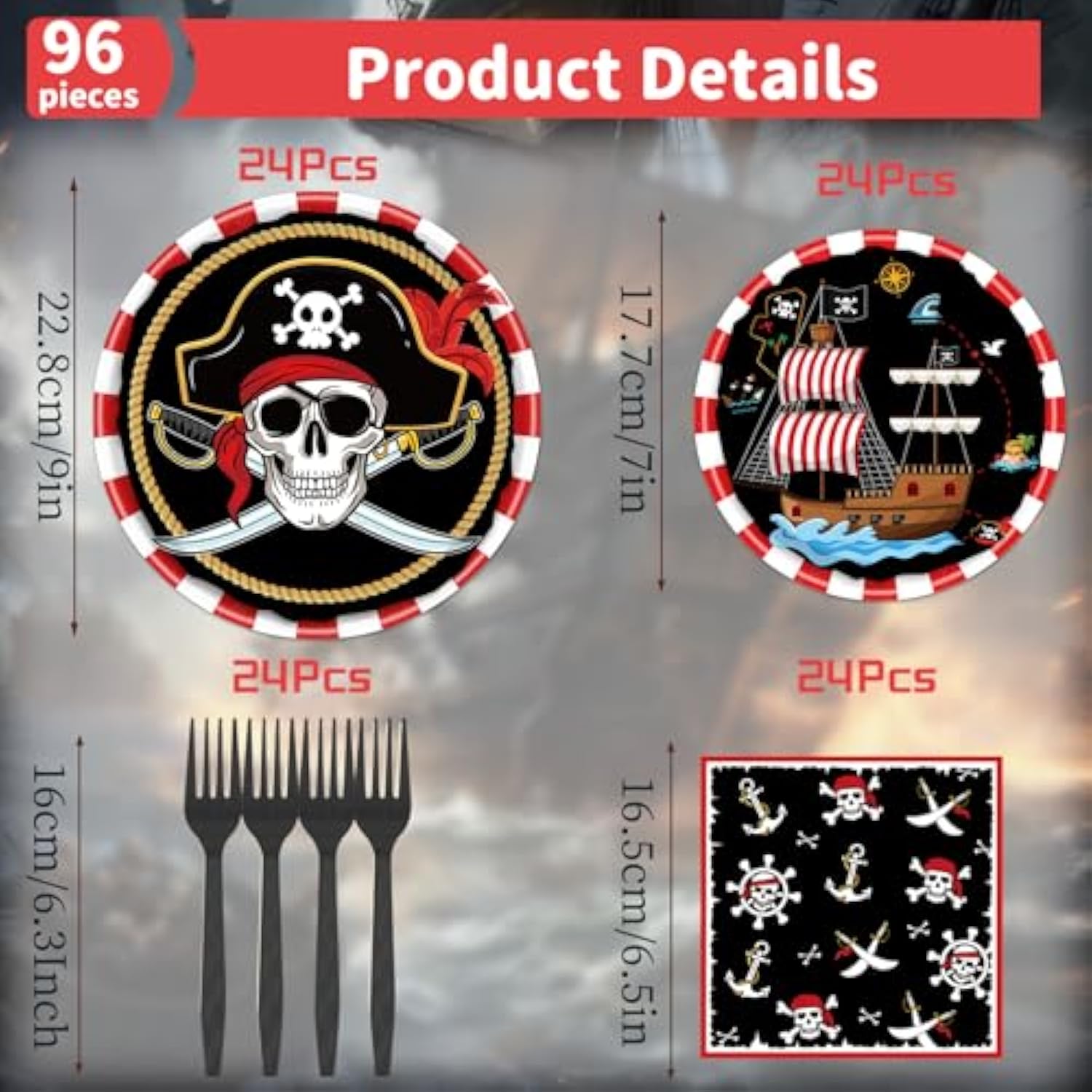 Pirate Party Tableware Decorations, 96Pcs Disposable Plates And Napkins Set Supplies For Boys Girls, Pirate Theme Birthday Baby Shower Supplies Serve 24