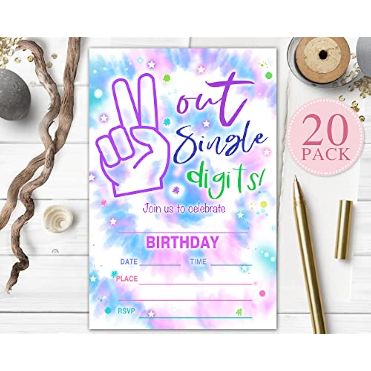 10Th Birthday Party Invitations, Out Single Digits Party Invites, Decorations, Favors, And Supplies For Kids Teens, Tie Dye Birthday Fill-In Invitations, 20 Cards With Envelopes (A03)