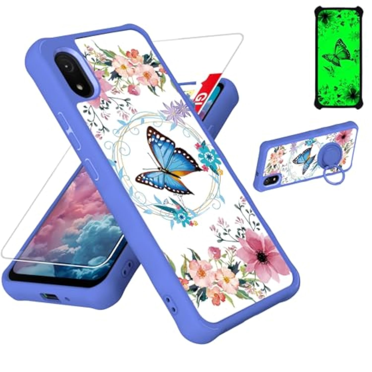 Cloud Stratus C8 Phone Case with Tempered Glass Screen Protector, Hard PC and Soft Silicone, Ring Support, Luminous Effect, Compatible with Cloud Mobile Stratus C8