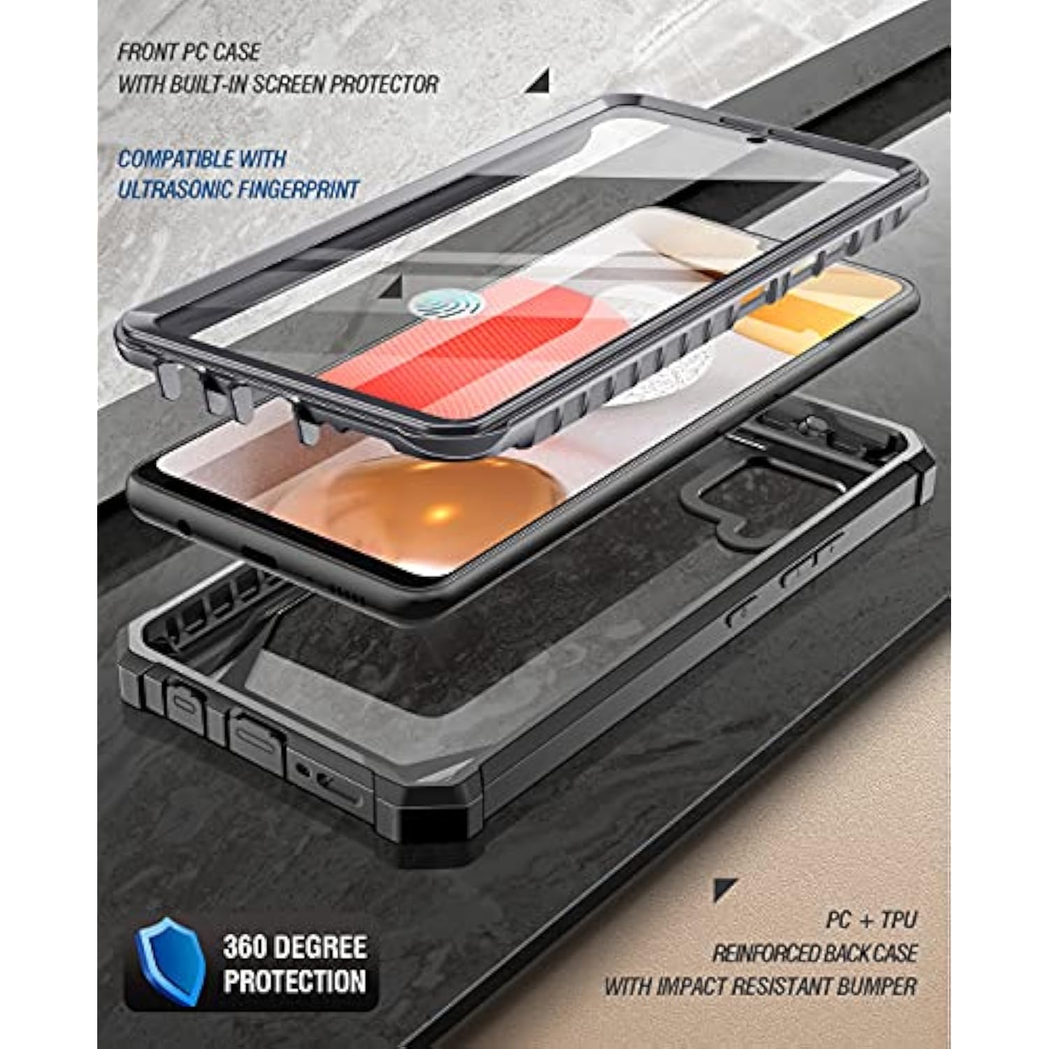 Guardian Case Designed For Samsung Galaxy A42 5G, Built-In Screen Protector Work With Fingerprint Id, Full Body Hybrid Shockproof Bumper Cover Case, Black/Clear