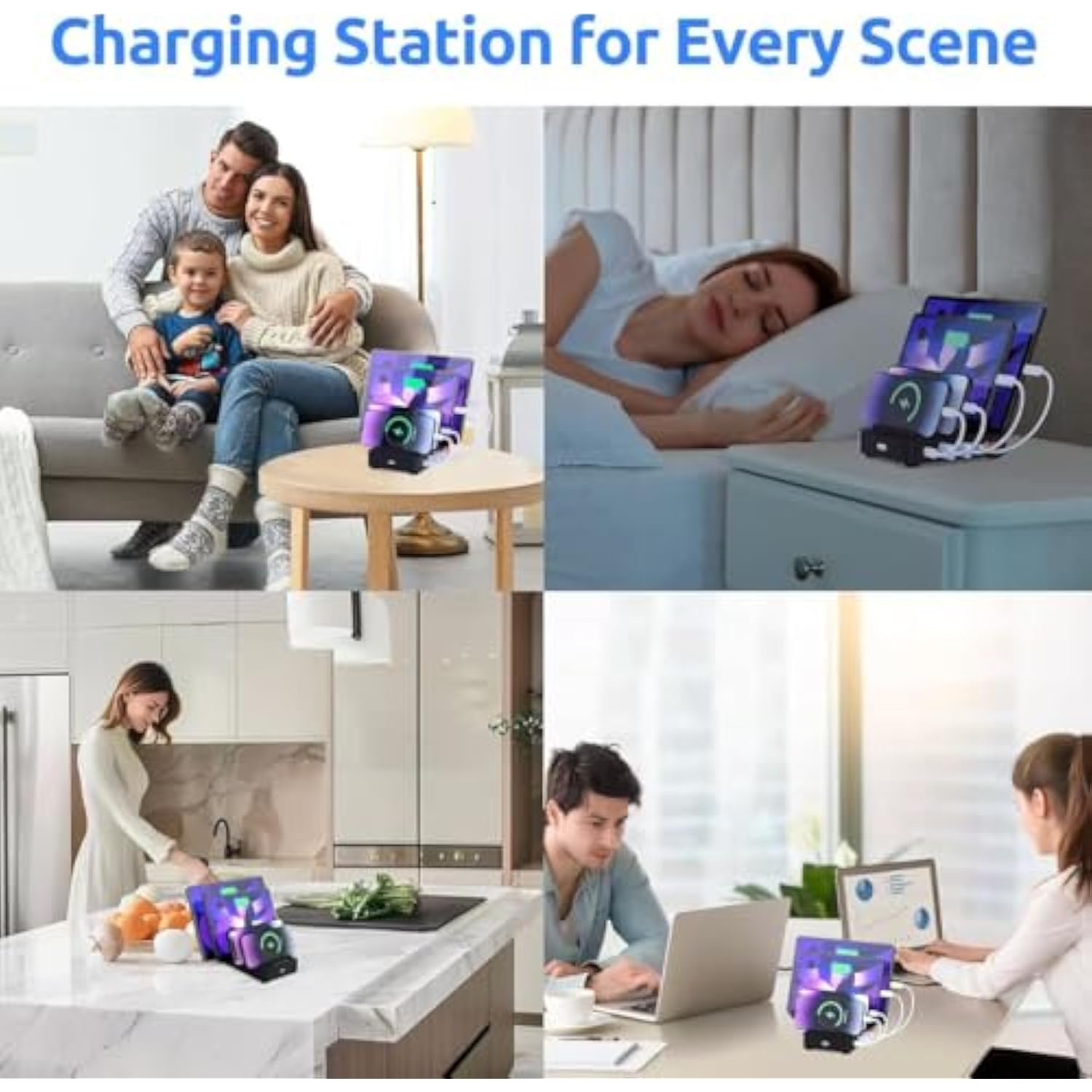 4-Port Charging Station For Multiple Devices, Usb Charger Stations Multi-Device Organizer Charging Dock, Compatible With Cell Phones, Ipads, Kindle Tablets, And Other Electronics (Black)