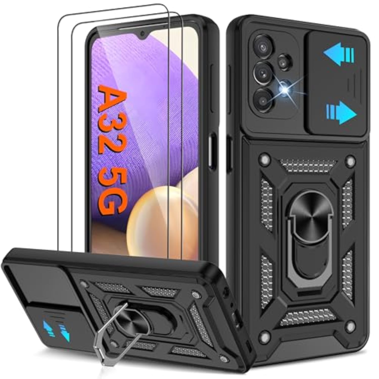 Galaxy A32 5G Phone Case with 2 Pcs HD Screen Protector, Heavy Duty Shockproof 360° Rotation Kickstand Military Grade Protective Case for Galaxy A32 5G Black