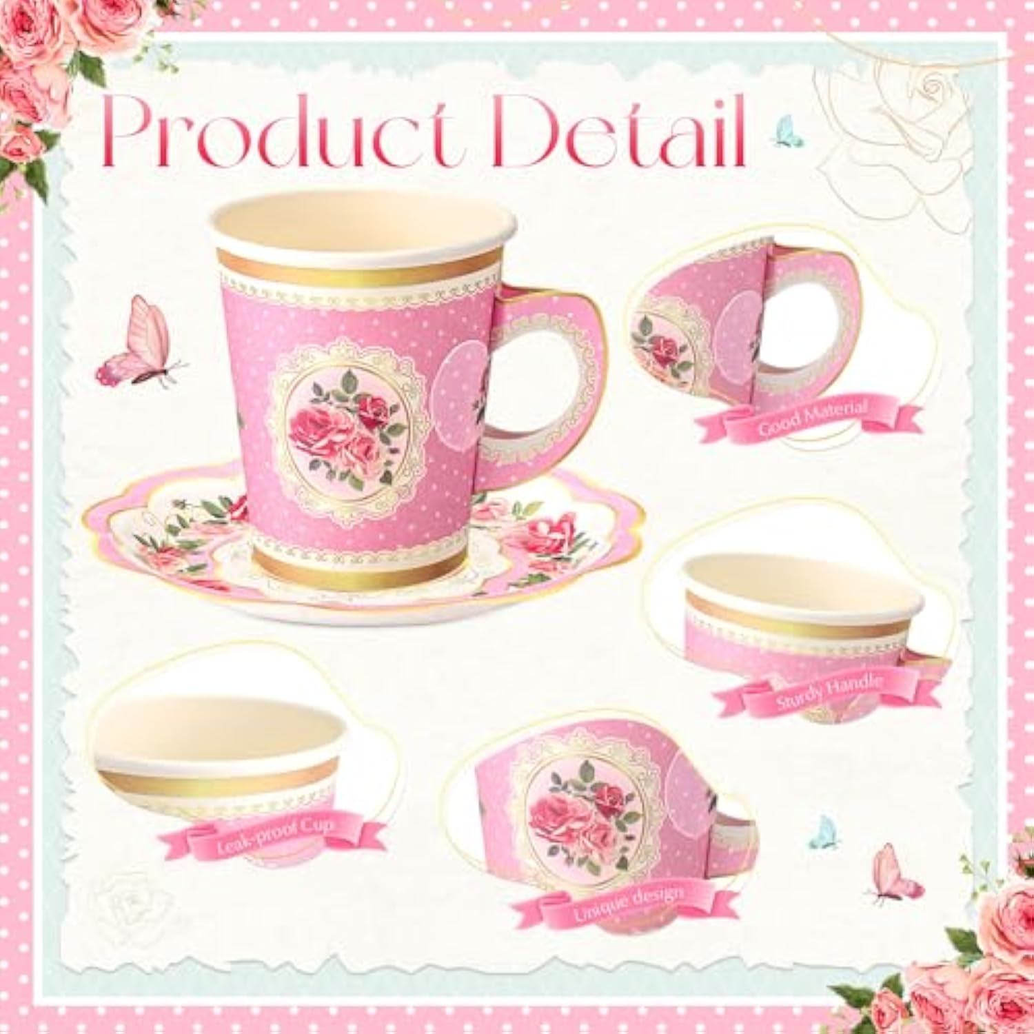 100-Piece Floral Tea Party Set – Disposable Cups with Handles & Plates