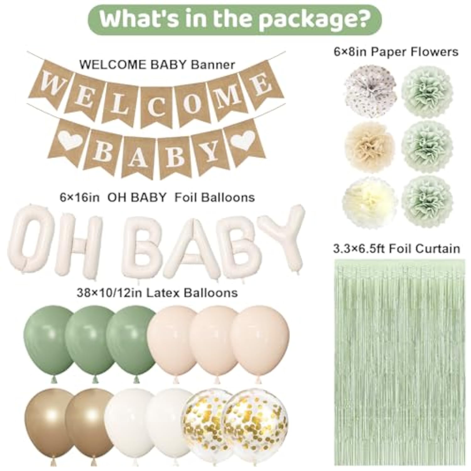 Sage Green Neutral Baby Shower Décor Set with Banner & Boho Balloons