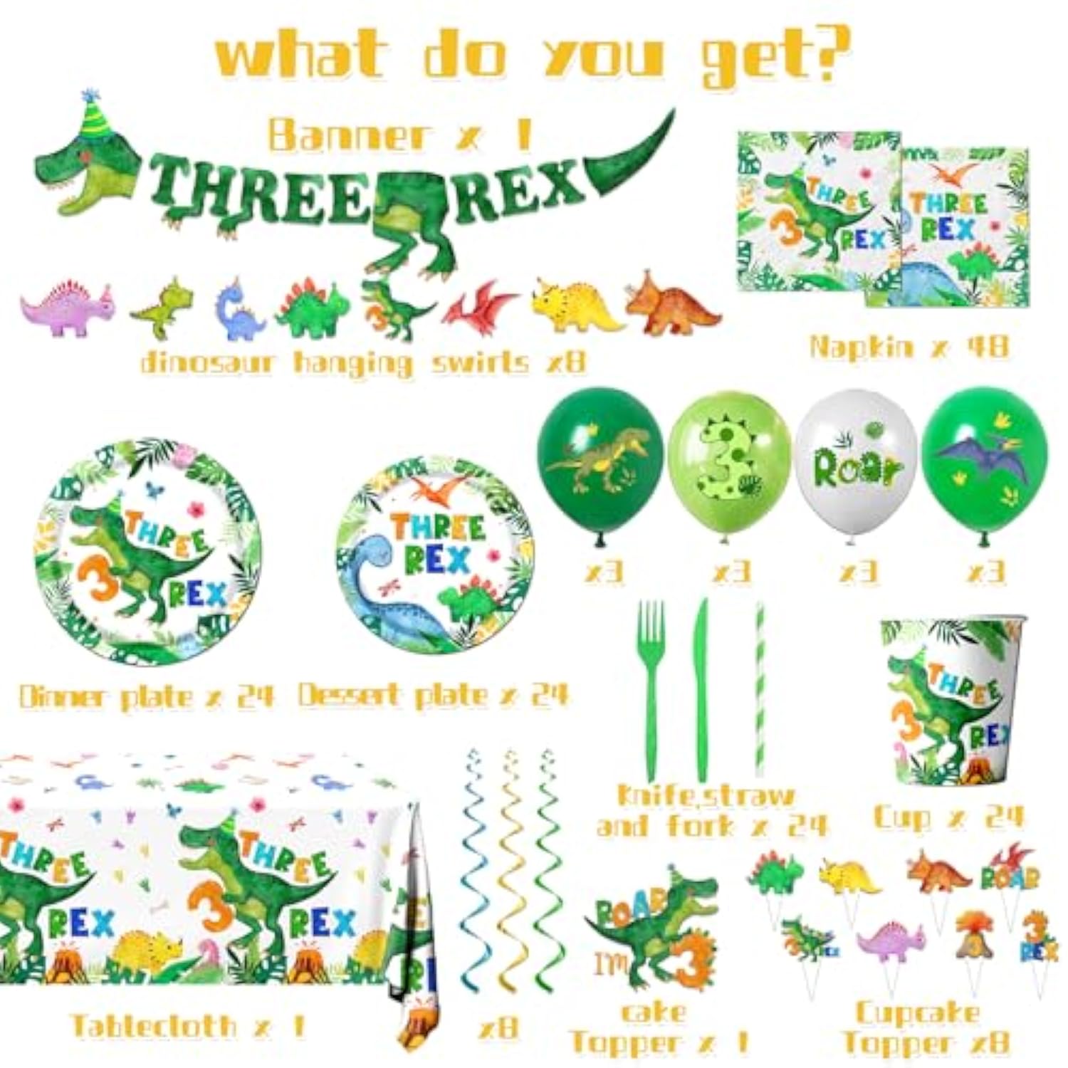 214Pcs Three Rex Birthday Decorations Tableware Boy,Dinosaur Paper Plates And Napkins For Birthday Party,12 Balloons,Banner,Tablecloth,Cups,Trex Dinosaur Theme 3 Year Old Boy Party Supplies,Serve 24