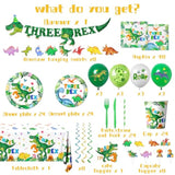 214Pcs Three Rex Birthday Decorations Tableware Boy,Dinosaur Paper Plates And Napkins For Birthday Party,12 Balloons,Banner,Tablecloth,Cups,Trex Dinosaur Theme 3 Year Old Boy Party Supplies,Serve 24