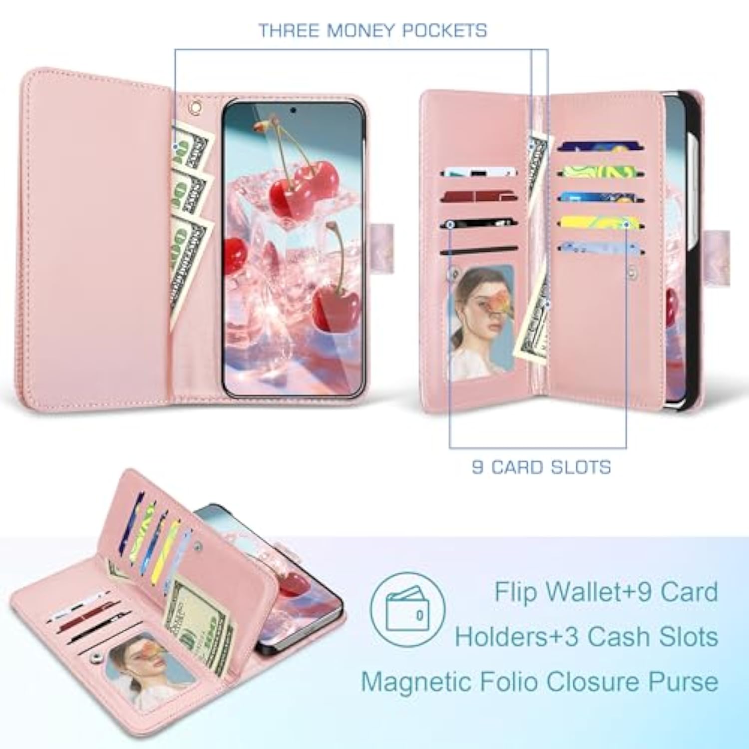For Samsung Galaxy S25 Case Wallet For Women Girl[With 9 Card Holder]Marble Rose Gold Pu Leather Detachable Wrist Strap Fullbody Slim Shockproof Flip Phone Case For Samsung Galaxy S25,6.2”,2025