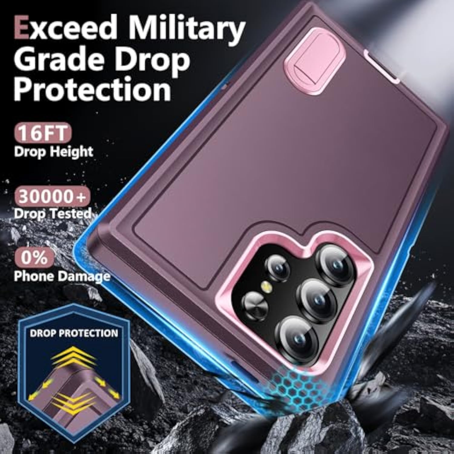 For Samsung Galaxy S24 Ultra Case, Samsung S24 Ultra Phone Case With Built In Kickstand, Shockproof/Dropproof Grade Protective Cover For Galaxy S24 Ultra 5G (Night Purple/Baby Pink)