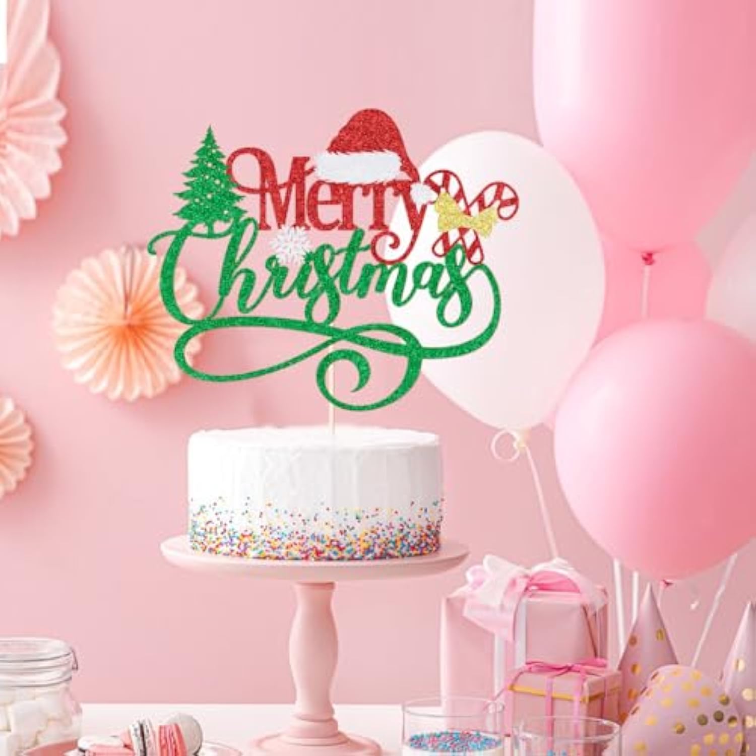 Merry Christmas Cake Topper,Glitter Green Xmas Holiday Cake Decorations,For Winter Christmas Santa Happy New Year Party Theme Cake Decorations (Red Green)