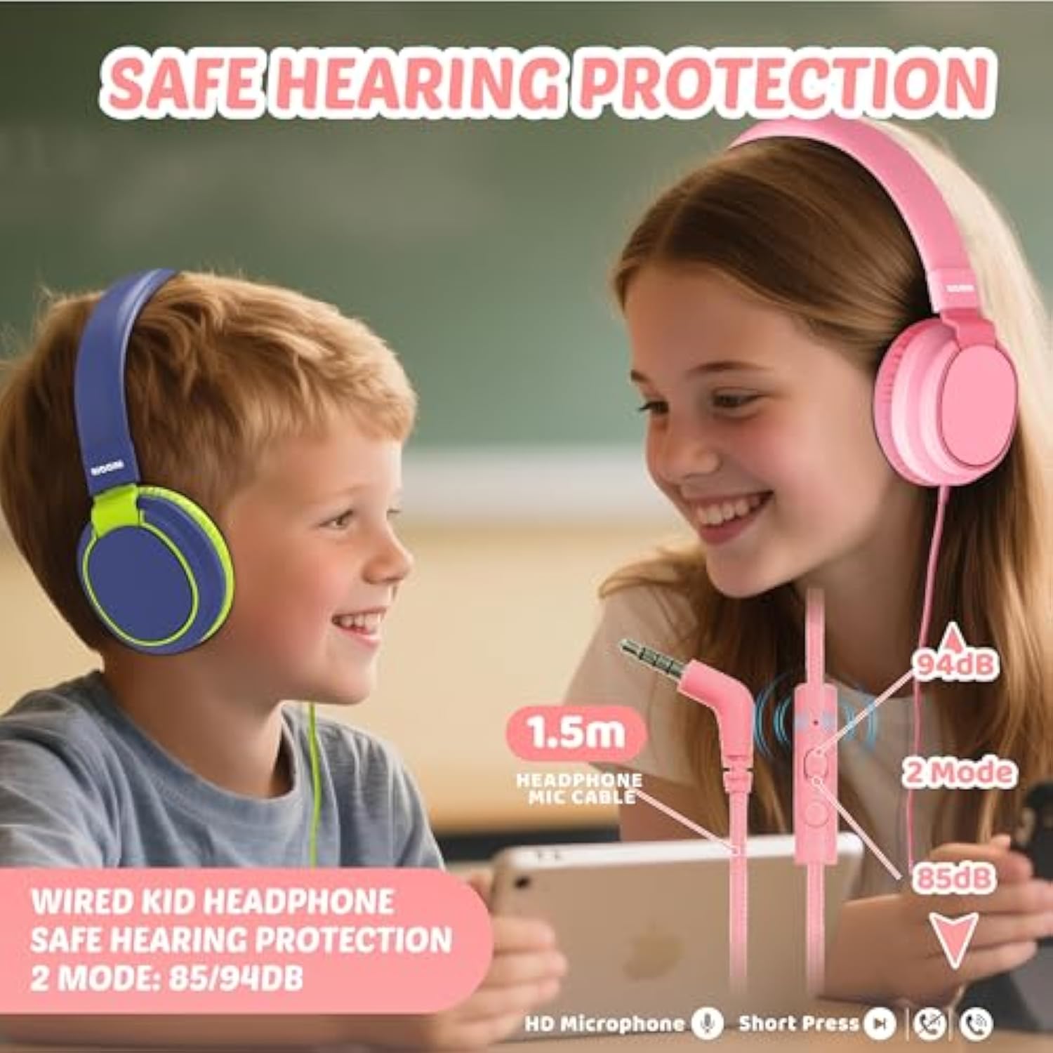 Kids Headphones Wired Volume Limited 85/110Db Over Ear Foldable With Shareport