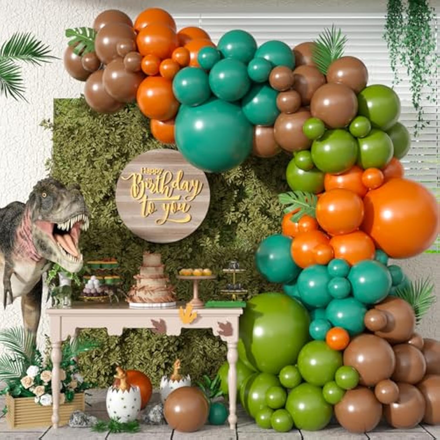 Dinosaur Balloon Arch, Dinosaur Balloon Garland Kit, Retro Green Orange Brown Balloons With Dinosaurs Foil Balloon For Kids Dino Themed Party Decorations Jungle Safari Birthday Party Supplies