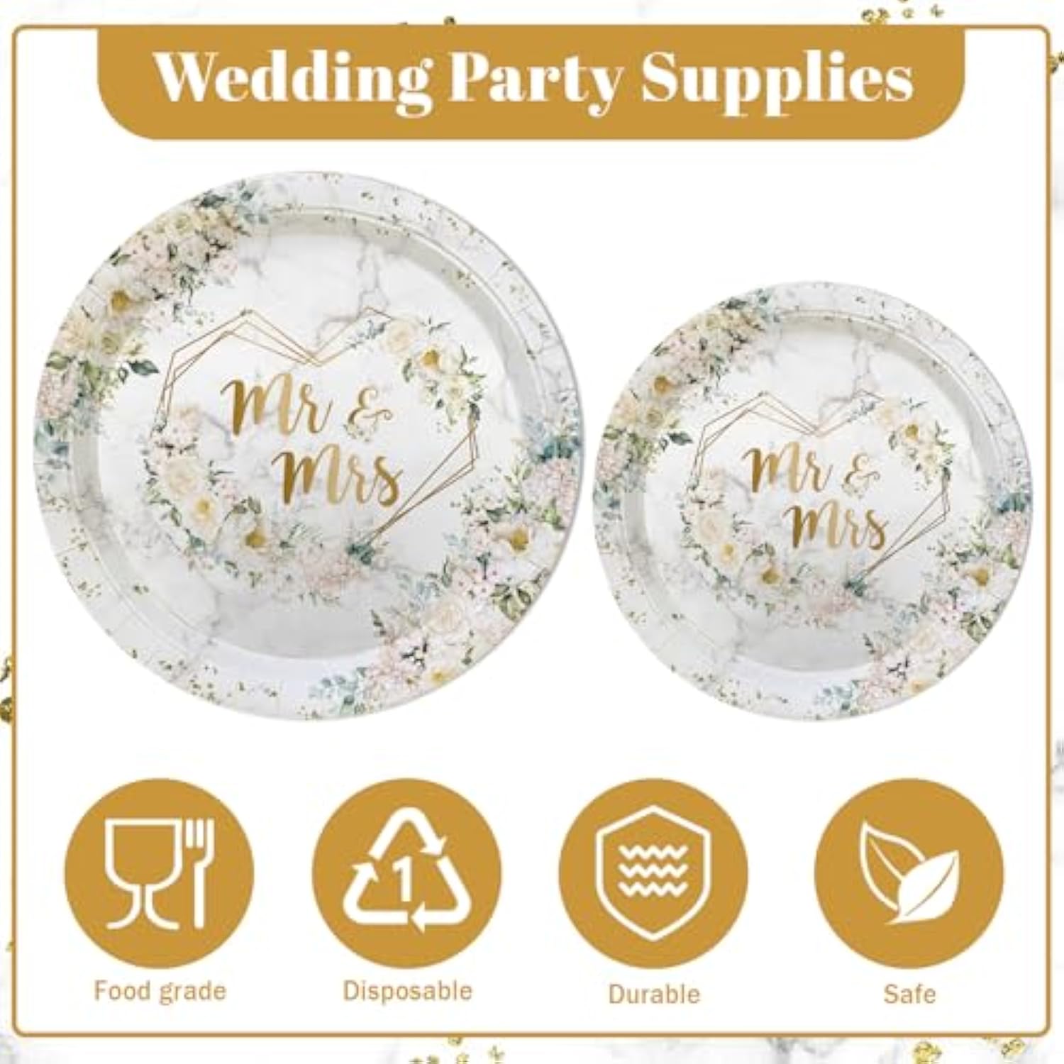 193 Pcs White Wedding Party Decorations, Mr And Mrs Paper Plates Cup And Nakpins Set, Floral Wedding Disposable Dinnerware With Tablecloth, Bridal Shower Disposable Party Supplies, 24 Guests
