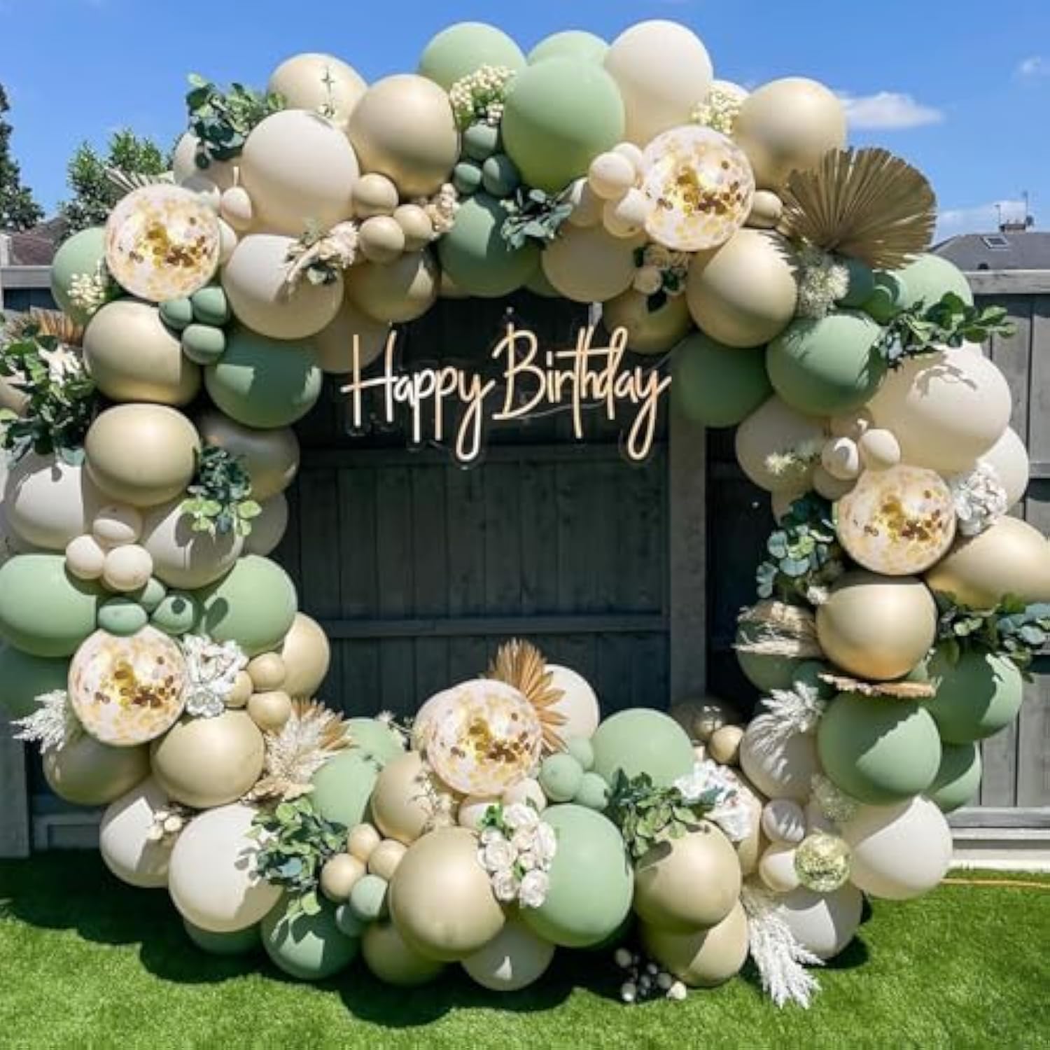 Sage Green Balloons Arch Kit, Green And Gold Balloons White Sand Olive Confetti Balloons Arch For Birthday Baby Shower Bridal Shower Engagement Baptism Wild One Party Decorations