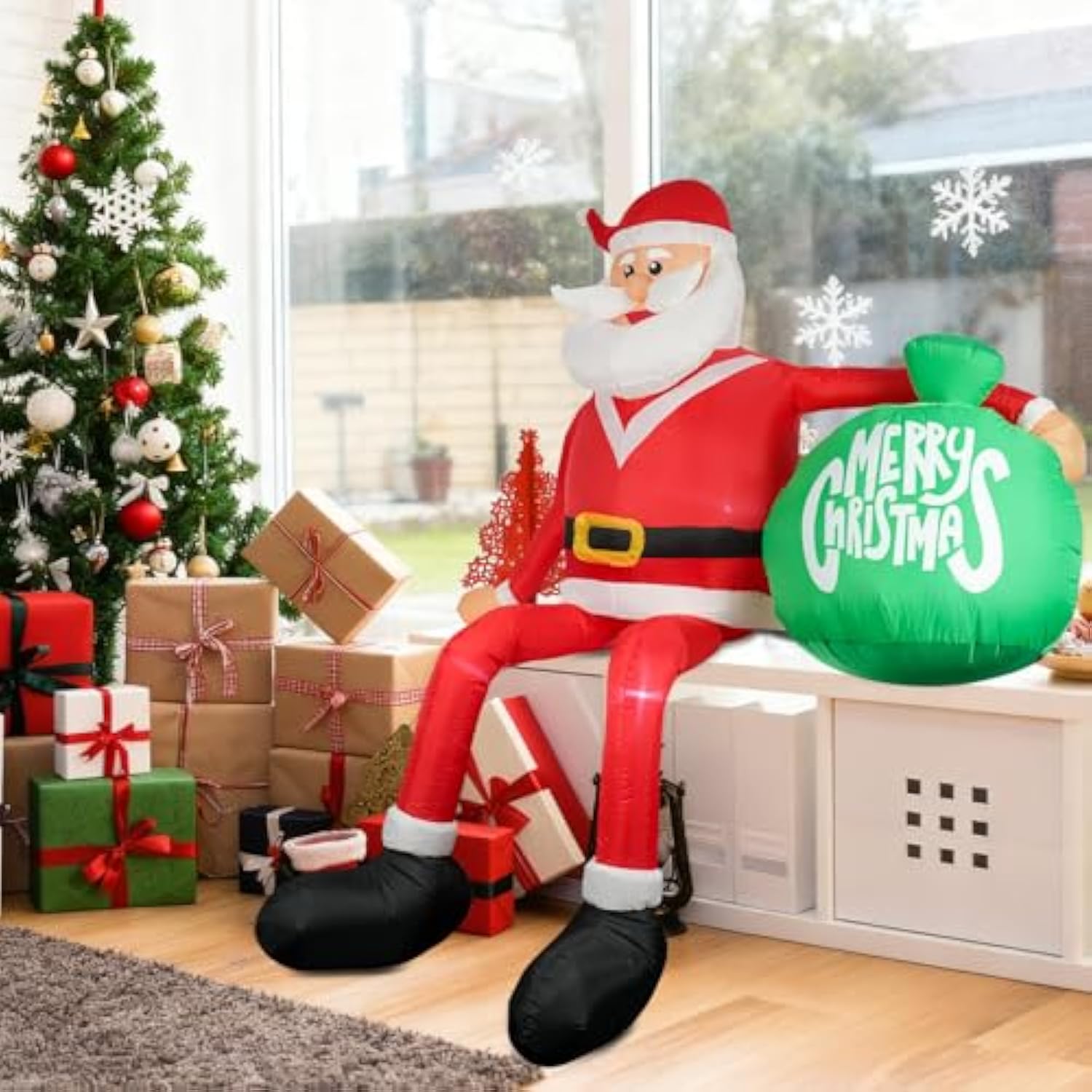 Christmas Inflatable Santa Claus, Outdoor Decorations Sitting Santa Claus Build-In Led Lights, Blow Up Santa Carrying Gi