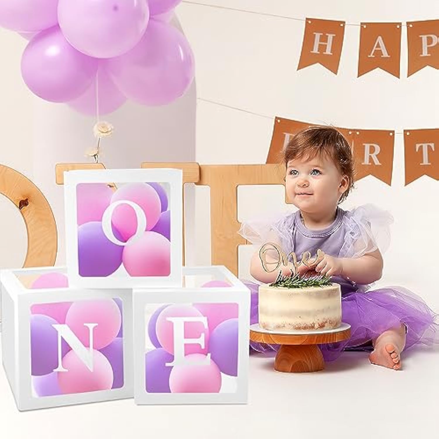 First Birthday Decorations - 3 Pcs One Balloon Boxes For Girl Or Boy - Clear Blocks - Easter Party Decorations