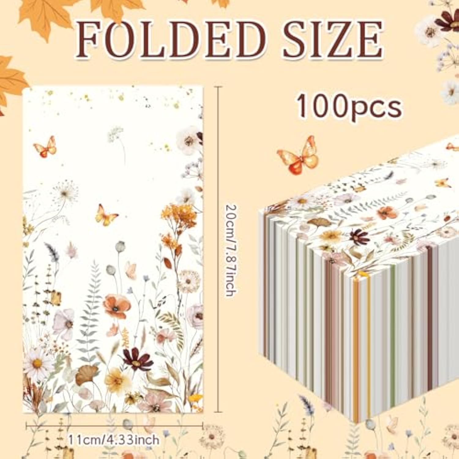 Fall Floral Paper Napkins - 100 Pcs 7.9 X 4.3 In Autumn Wildflower Napkin Decorations Set, Wild Floral Disposable Hand Towels, Birthday Wedding Bridal Shower Thanksgiving Party Supplies Decor