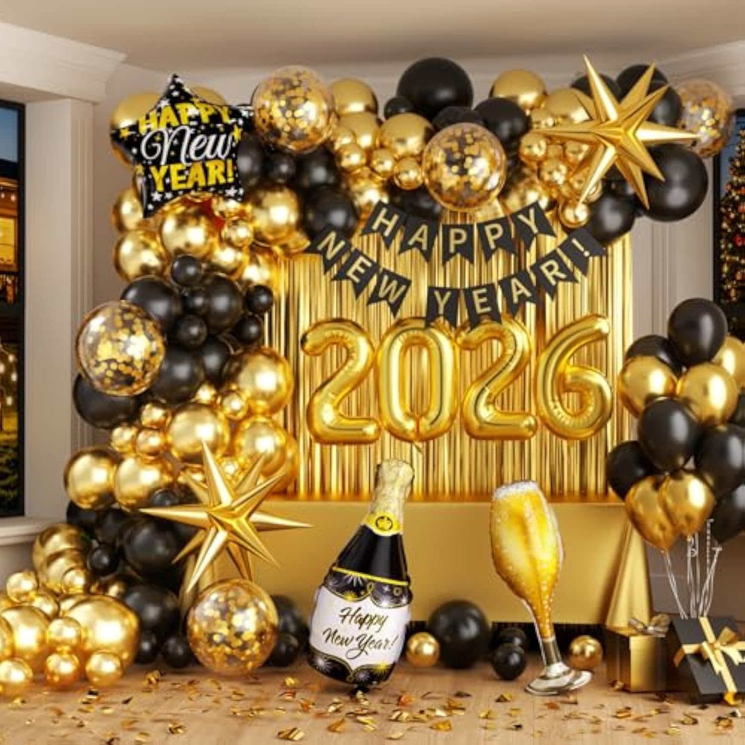 Black Gold New Year 2026 Party Set with Balloons, Banner & Fringe Backdrop