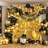 Black Gold New Year 2026 Party Set with Balloons, Banner & Fringe Backdrop