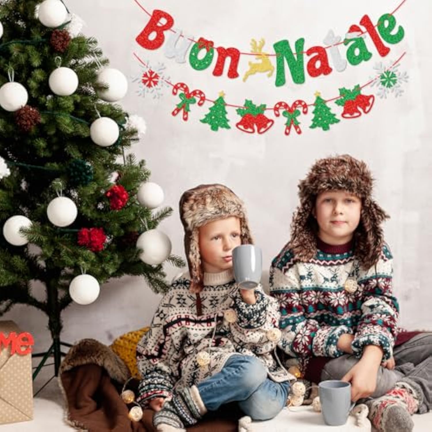 Buon Natale Banner - Glitter Italian Christmas Banner, Party Decor, Merry Christmas Sign - Pre-Strung