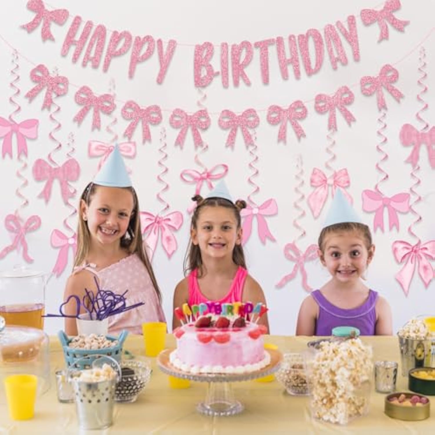 Pink Bow Birthday Decorations, Coquette Birthday Decorations With Glitter Pink Banner Bow Garland And Hanging Swirls Decor Supplies For Girl Cute Themed Party Decorations
