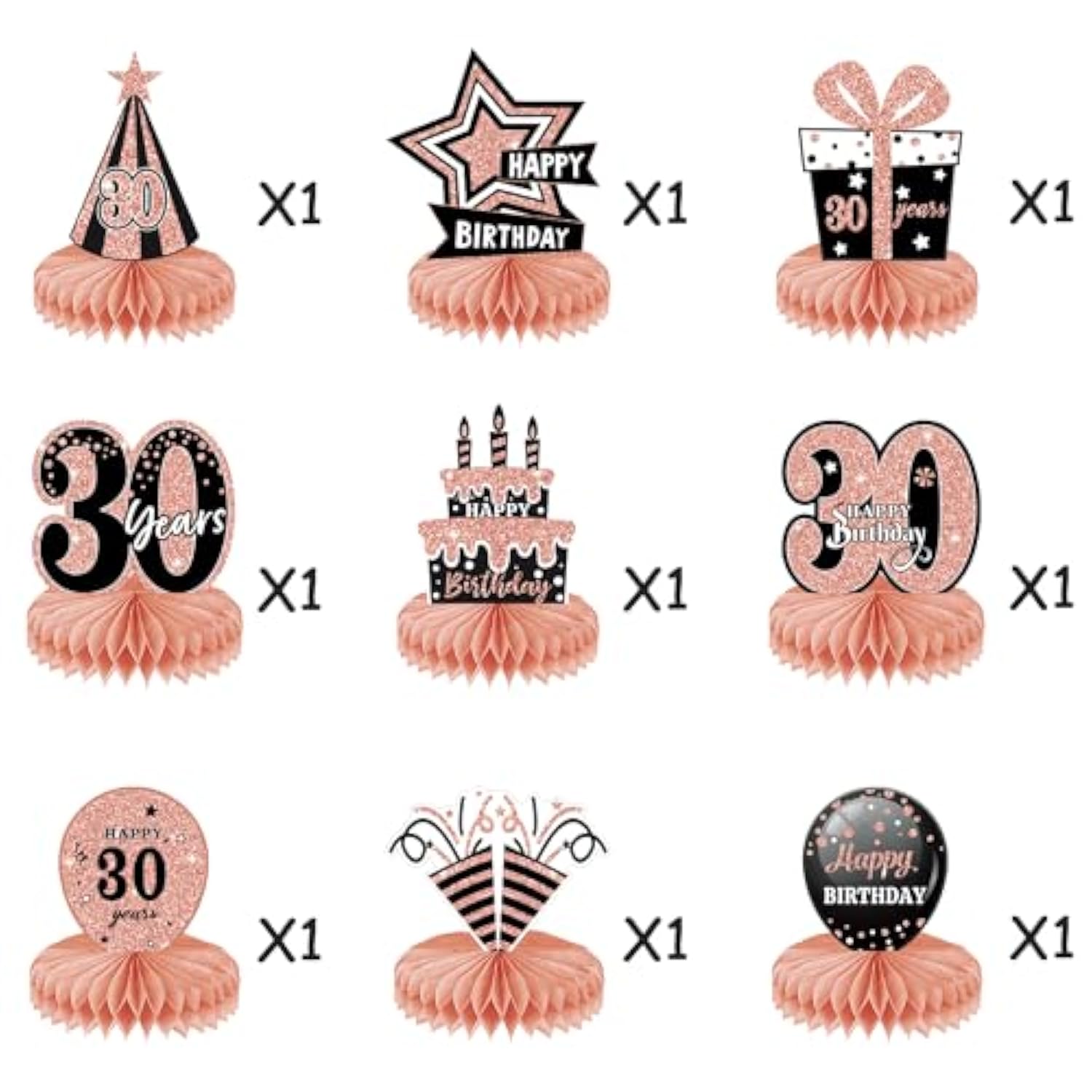 9 Pcs 30Th Birthday Honeycomb Centerpieces For Women - Rose Gold Pink Table Toppers, Cheers To 30 Years Birthday Party Decorations & Favors