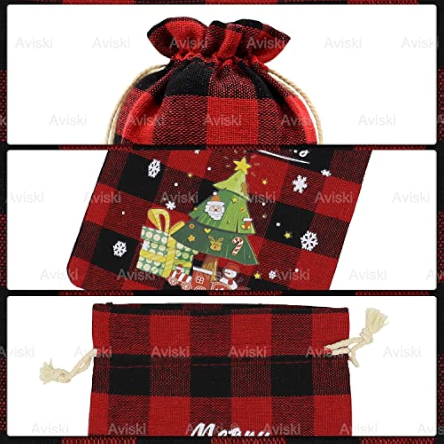 36Pcs Cotton Medium Christmas Drawstring Candy Treat Bags Buffalo Plaid Xmas Xmas Christmas Fabric Goody Gift Sacks Reusable Gift Wrapping Bags Holiday Party Favors - Red/Black