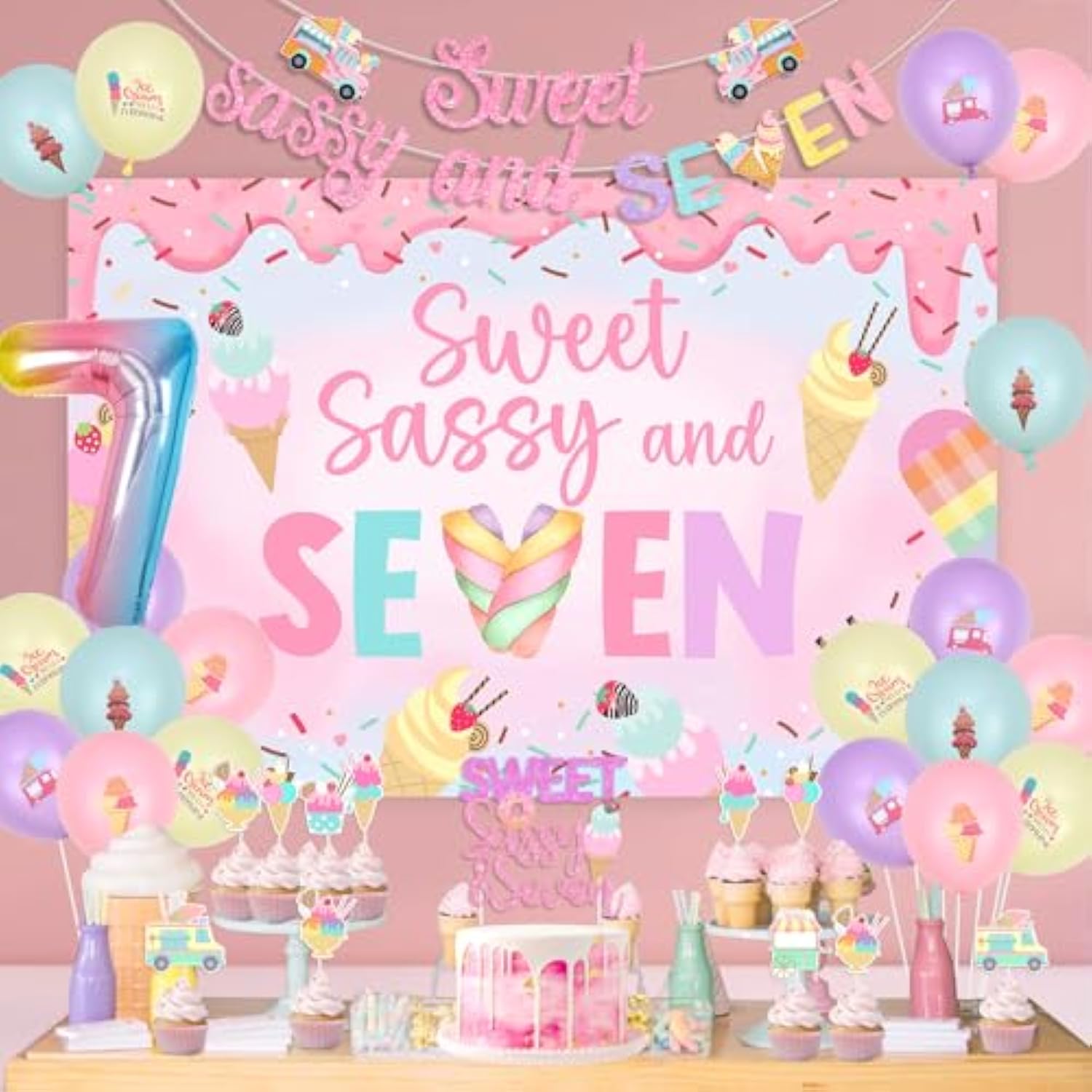 Donut 7Th Birthday Party Decorations Sweet Sassy And Seven Birthday Decor Sweet Sassy And 7 Birthday Backdrop Pastel Donut Balloon Garland Kit With Ice Cream Dessert Balloon Decor For Girl