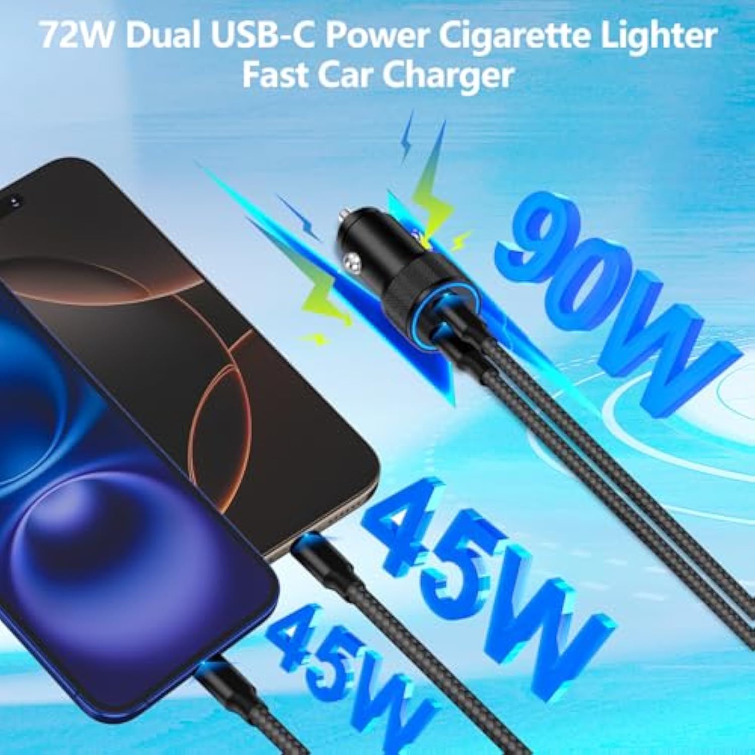 [Apple Mfi Certified] Iphone 16 Car Charger, 90W Dual Usb C Car Power Cigarette Lighter Carplay Fast Charger With 2Pack Type C Braided Cable For Iphone 16/16 Pro/16 Pro Max/15/15 Pro/Ipad Pro