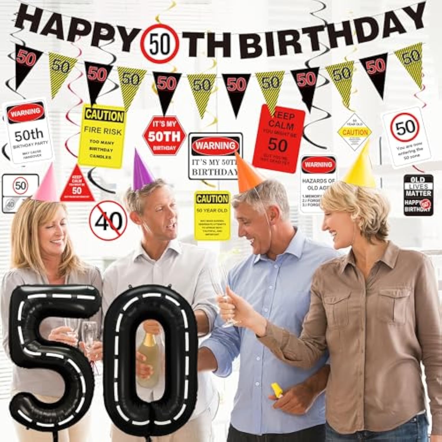 50Th Birthday Party Decorations Men Women, Caution Logos 50Th Birthday Banner Balloons Hanging Swirls Kit, Funny 50 Years Old Wall Signs For Adults, Happy 50Th Birthday 50 Zone Backdrop Decor