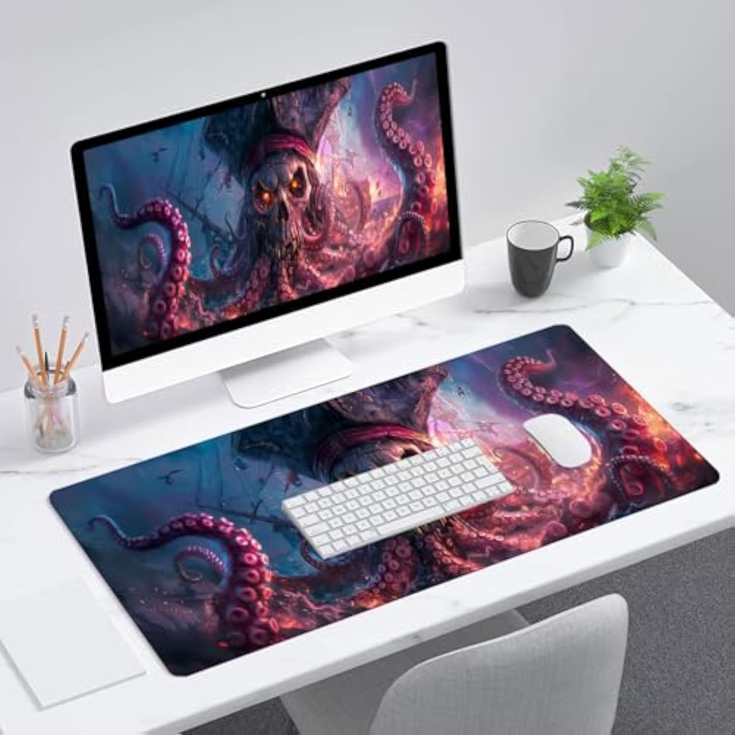Octopus Pirate Skull Desk Mat Black Ship Large Gaming Mouse Mat With Stitched Edges,Non-Slip Waterproof Rubber Base Mous Mat 31.5"X11.8" Office Computer Keyboard Laptop Home