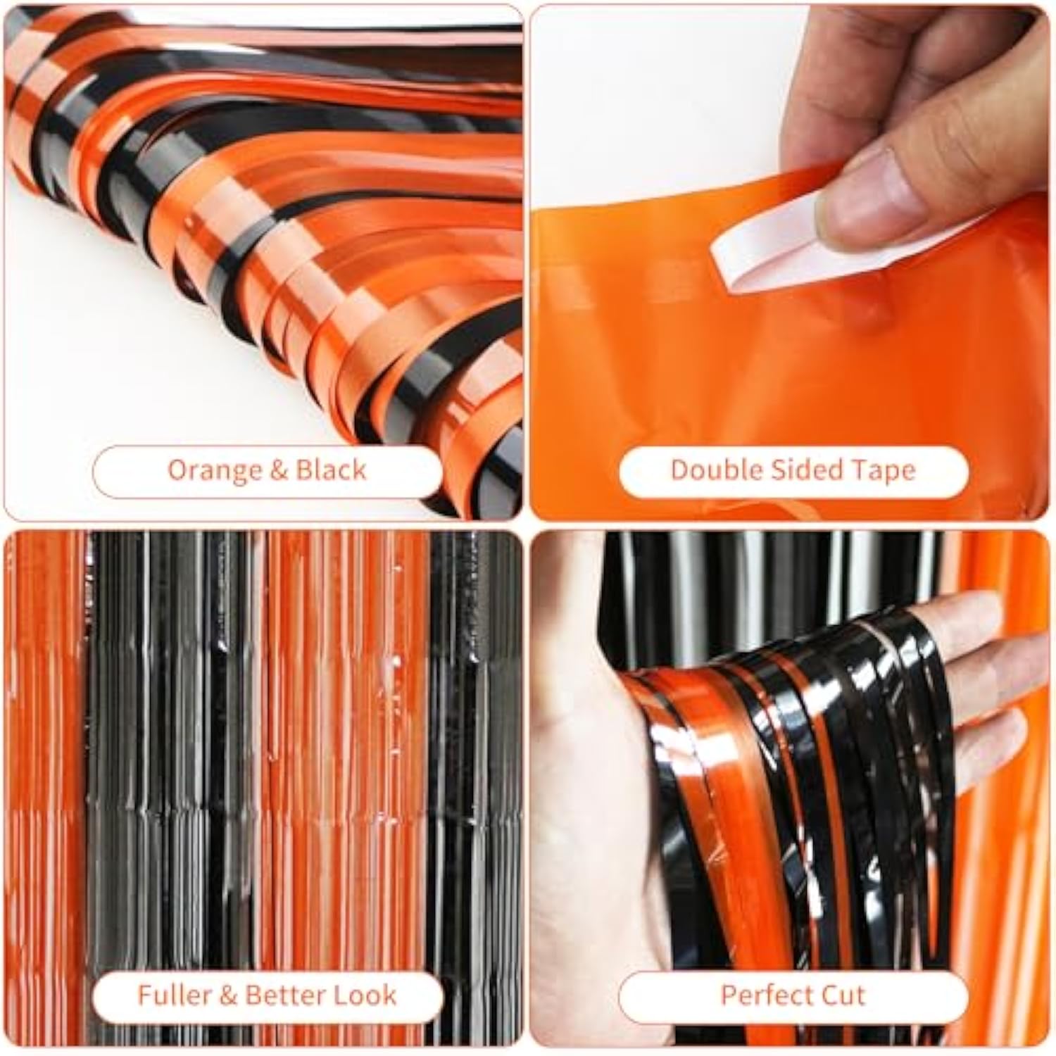 2 Pack Black Orange Foil Fringe Curtains 6.6x6.6ft Halloween Party Backdrop Decor