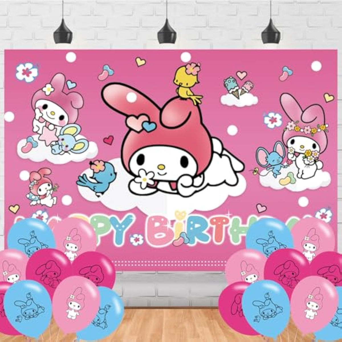 Pink My Melody Birthday Backdrop, 5x3ft Happy Birthday Banner