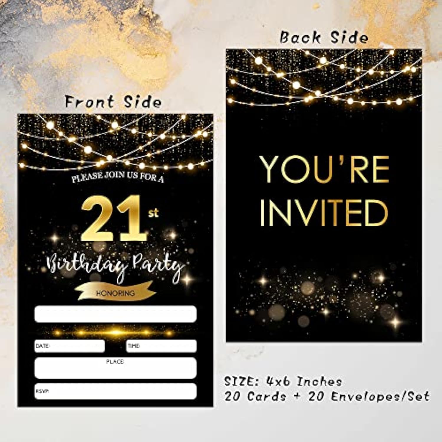 21Th Birthday Invitations With Envelopes - Black Gold Glitter Fill-In Invites Cards - Surprise Birthday Party Invitation Card For Him/Her - Adults Birthday Party Favors Supplies Decorations (20 Pack)