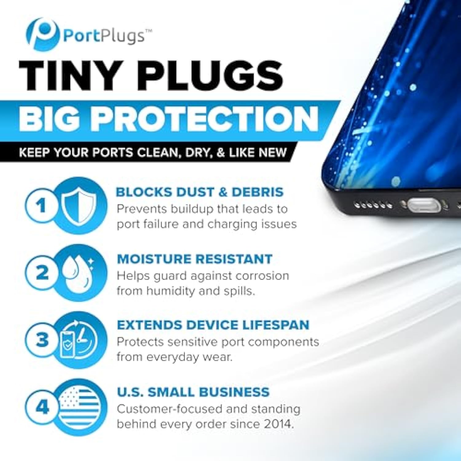 PortPlugs Dust Plugs for iPhone 14, 13, 12, 11, X, 8, 7, Plus, Pro, Max & iPads – Compatible with Lightning Ports – Charger Port Covers with Cleaning Brush – Black (50-Pack)