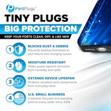 PortPlugs Dust Plugs for iPhone 14, 13, 12, 11, X, 8, 7, Plus, Pro, Max & iPads – Compatible with Lightning Ports – Charger Port Covers with Cleaning Brush – Black (50-Pack)